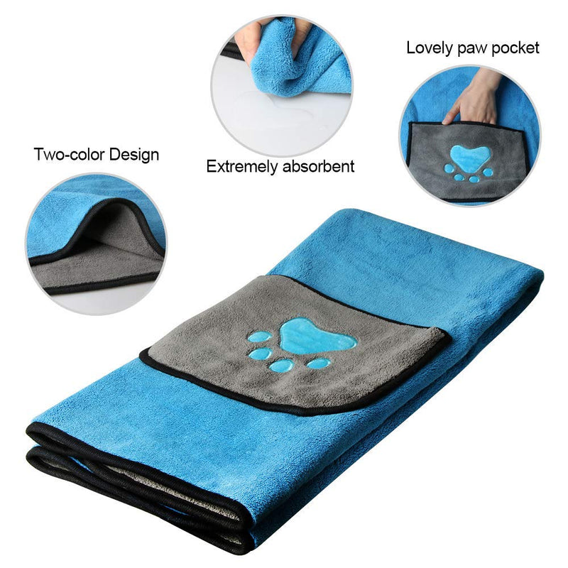 Zellar Pet Drying Towel, Dog Blanket, Microfibre Dog Bathrobe Puppy Cat Absorbent Quick Drying Towel Super Soft Bath Towel for Pet Dog Cat (blue + gray) Blue - PawsPlanet Australia