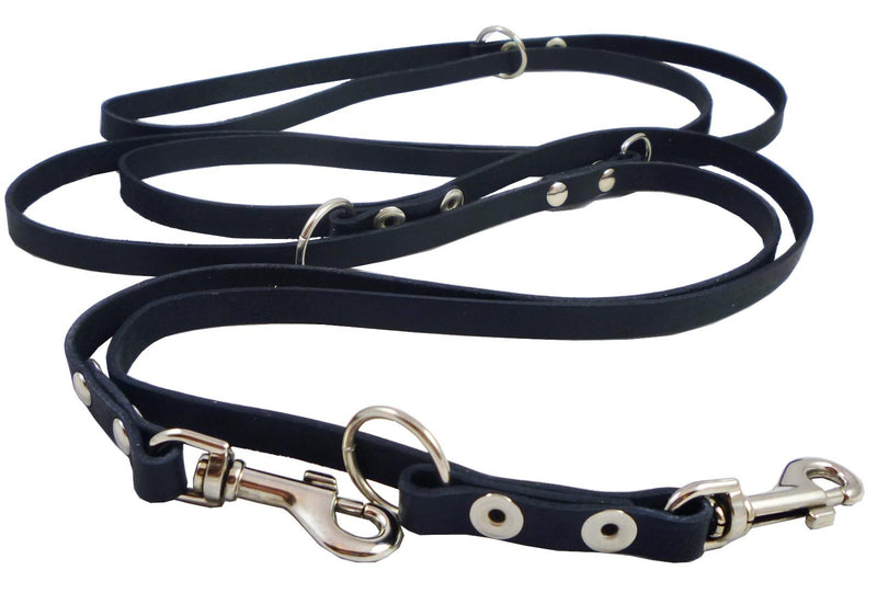 [Australia] - Black 6 Way European Multifunctional Leather Dog Leash, Adjustable Schutzhund Lead 49"-94" Long, 3/8" Wide (10 mm) for Small Dogs 