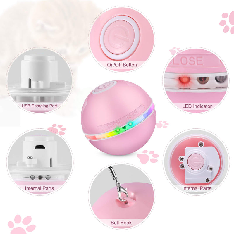 DazSpirit Toy Balls for Cats Interactive Cat Toys Balls for Indoor Cats, Electric Cat Chase Toy, Interactives Cat Ball Toy with Led Light, Automatic 360-Degree Rotating, USB Rechargeable, 3 Modes Pink - PawsPlanet Australia