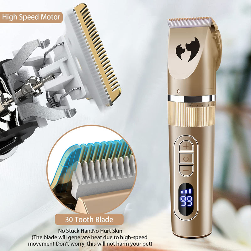 Aliopis Dog Clippers, Professional Waterproof Dog Clippers for Grooming Supplies Pet Large Small Dog Hair Trimmers 3-Speed USB Rechargeable Cordless Electrical Grooming Kit Shaver Clipper Low Noise Gold - PawsPlanet Australia