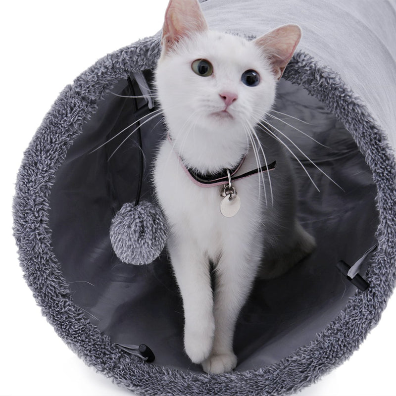 OHANA Collapsible Cat Tunnel Toy in suede, Large cat tunnels for indoor cats rabbits with 2 holes and suspended ball Dia30*130cm M - Dia30*130cm - PawsPlanet Australia