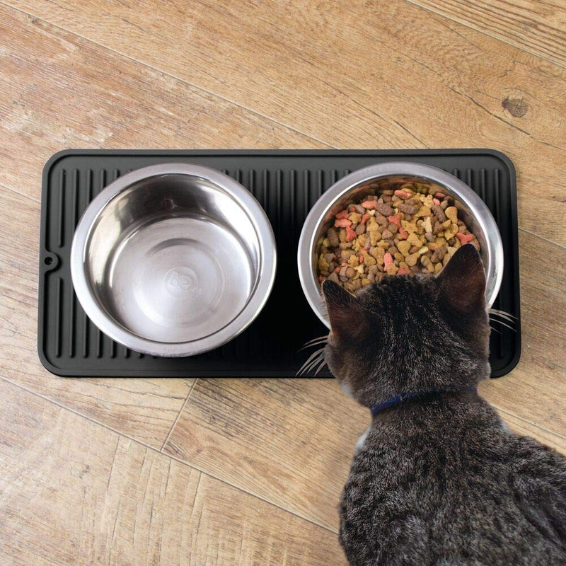 mDesign Premium Quality Pet Food and Water Bowl Feeding Mat for Cats and Kittens - Waterproof Non-Slip Durable Silicone Placemat - Raised Edges, Food Safe, Non-Toxic - Small - Black - PawsPlanet Australia
