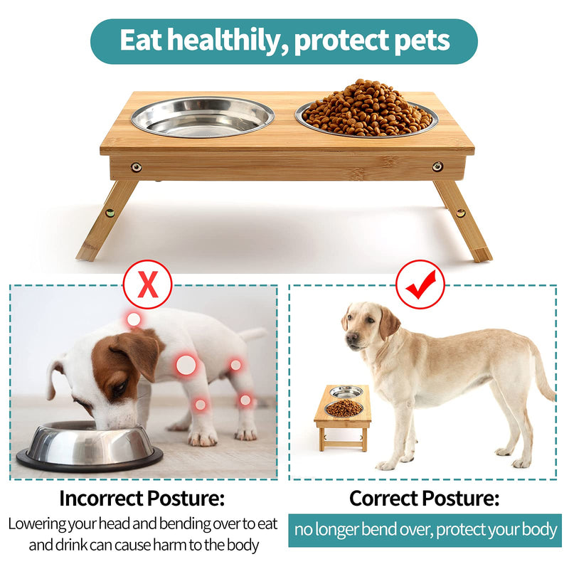 CYBMBO Raised Pet Bowls for Dogs and Cats, Adjustable Elevated Dog Bowls for Small and Medium Size Dog, Food Water Bamboo Feeder with Stand, 2 Bowls, Non-Slip, No Need Assemble (Height 5.12" - 6.69") - PawsPlanet Australia