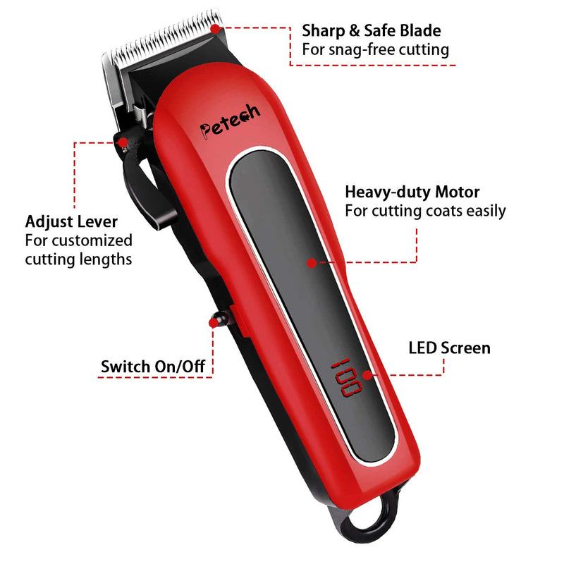 Petech Dog Grooming Clippers Rechargeable, Cat Shaver Cordless Trimmer, Quiet Low Noise Professional Pet Grooming Kit for Thick and Heavy Coat, Red, 1 set - PawsPlanet Australia