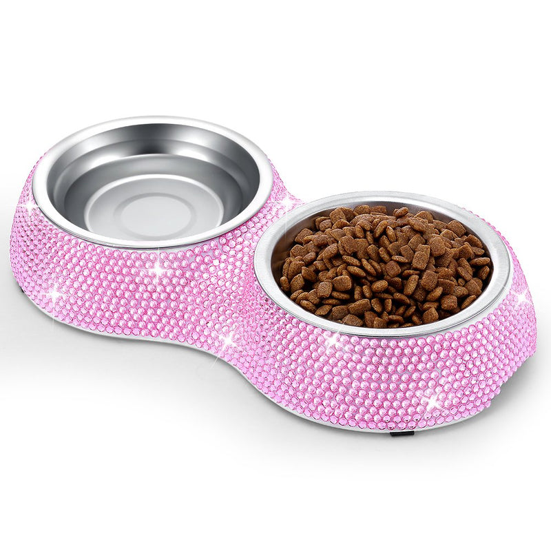 [Australia] - SAVORI Small Dog Bowls Pink, Handmade Bling Rhinestones Stainless Steel Pet Bowls Double Food Water Feeder for Puppy Cats Dogs Cats 320ml-Pink 