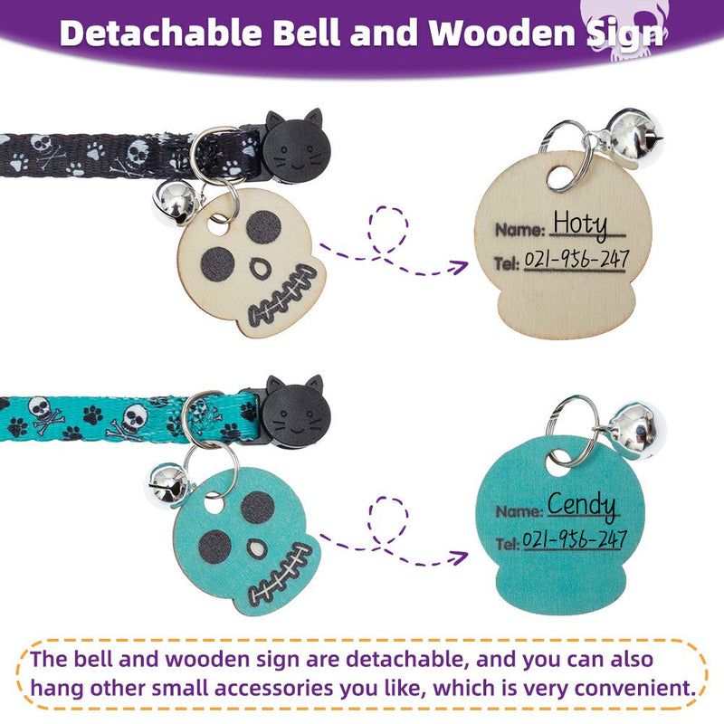PUPTECK Breakaway Cat Collar with Bell - 2 Pack Personalized Skull Pattern Collars with Wooden ID Tag for Kitten Kitty Black&Green - PawsPlanet Australia