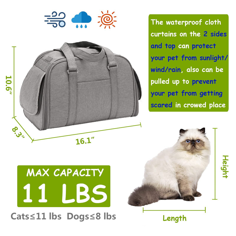 DUJP Small Breed Dog/Medium Cat Carrier Bag Up to 11 lbs - Wide Shading | 3 Way Entry | Transparent | Airline Approved | Mesh Windows Collapsible Pet Bunny Rabbit Soft Sided Carrier Tote - Grey - PawsPlanet Australia