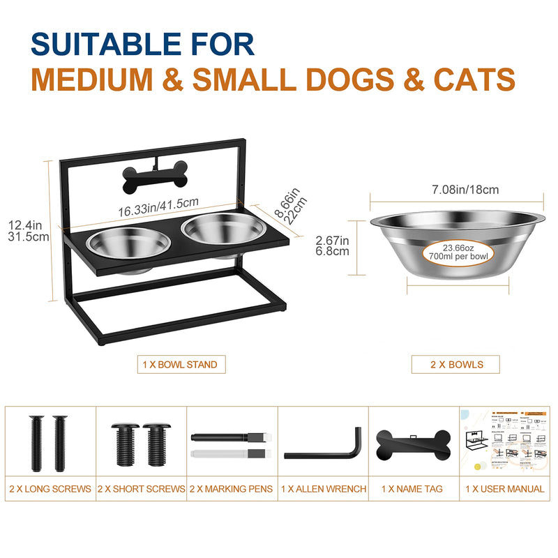 VavoPaw Elevated Dog Bowls with Marker, Adjustable Raised Stand Pet Feeder with Detachable Double Stainless Steel Bowls(23.66oz/700ml), Elevated Food & Water Dish for Medium & Small Dogs & Cats, Black - PawsPlanet Australia