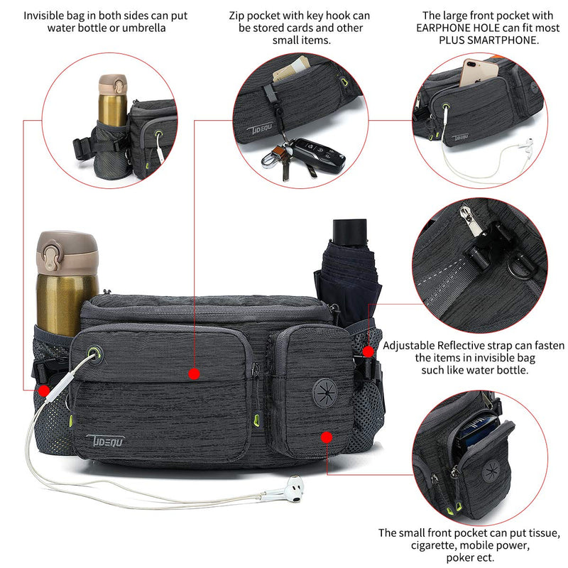 [Australia] - TUDEQU Running Waist Bag Fanny Pack with Two Invisible Bottle Bags for Men Women DARK GREY 