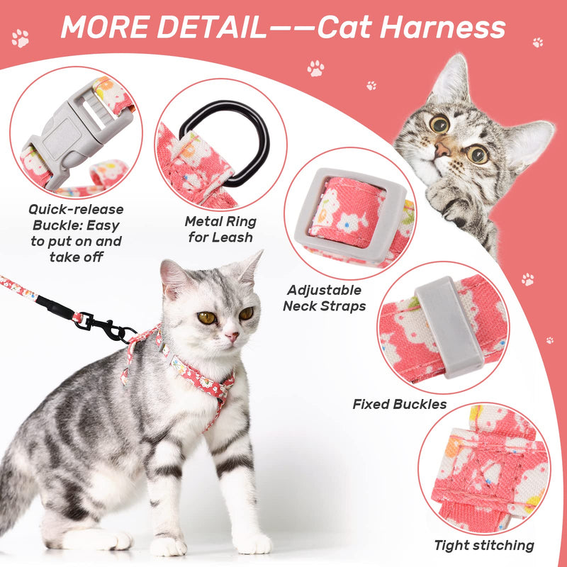 PETTOM floral pattern cat harness with leash cat leash with harness for cats with round lanyard escape-proof adjustable chest strap suitable for small and medium cats S pink - PawsPlanet Australia