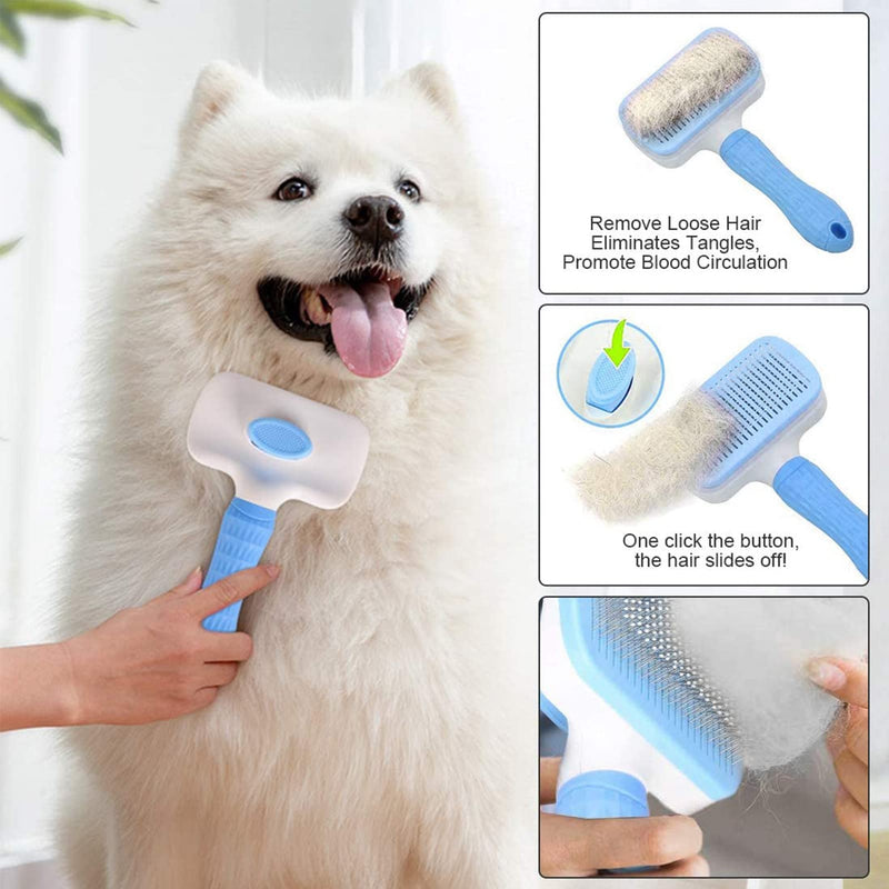 Dog Brush Cat Brush Grooming Comb,Self Cleaning Cat Dog Slicker Brushes with Smooth handle,Pet Grooming Tool with Cleaning Button for Cat Dog Shedding Brush Cat Dog Massage Clean Tangled Brush(Blue) Blue - PawsPlanet Australia