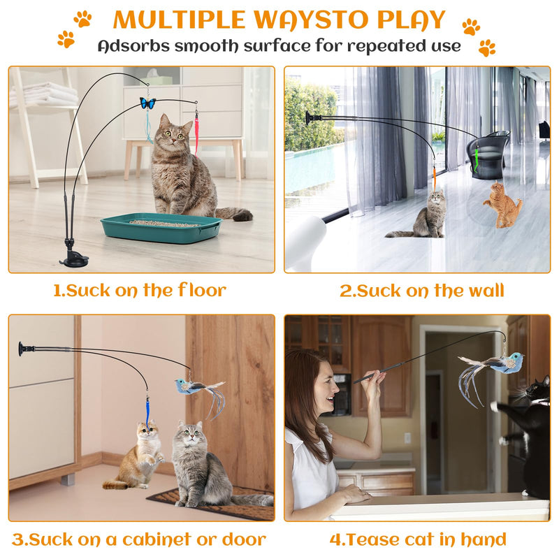 MEYDLL Pack of 14 Interactive Cat Toys with Feather Cat Fishing Rod Cat Feather Toy with 2 Hole Suction Cups for Kitten Cat Magic Wand Toy Wire with Bird Feathers Butterfly Worm Color 1/14 Piece Cat Toy - PawsPlanet Australia