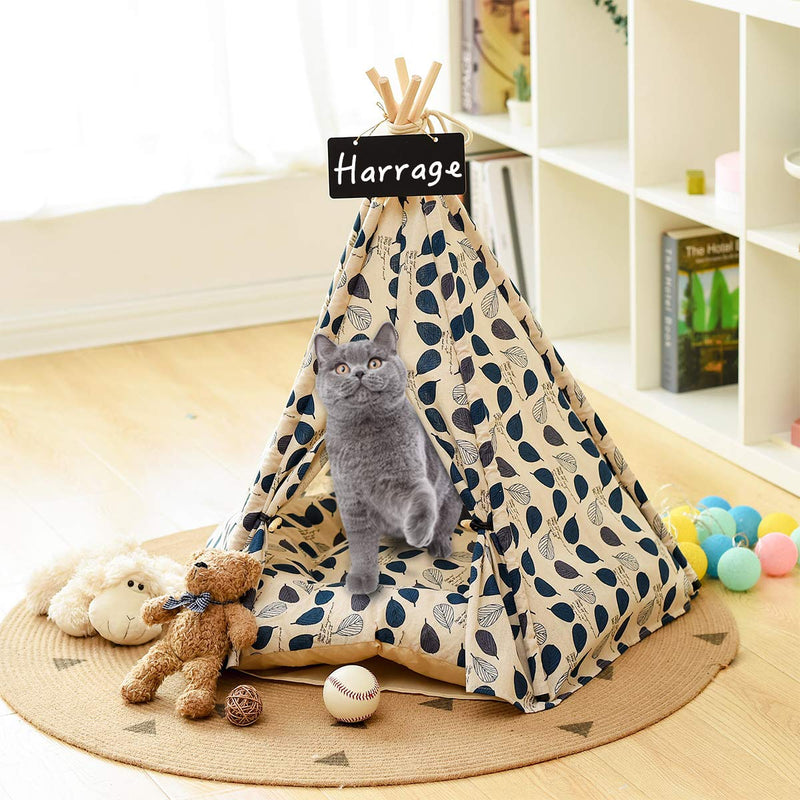 Harrage Folding Indoor Dogs House, Outdoor Portable Pet Teepee Dog & Cat Tents, 24inch Small Dog & Cat Cute Puppy House with Cushion Bed Blue Leaf - PawsPlanet Australia