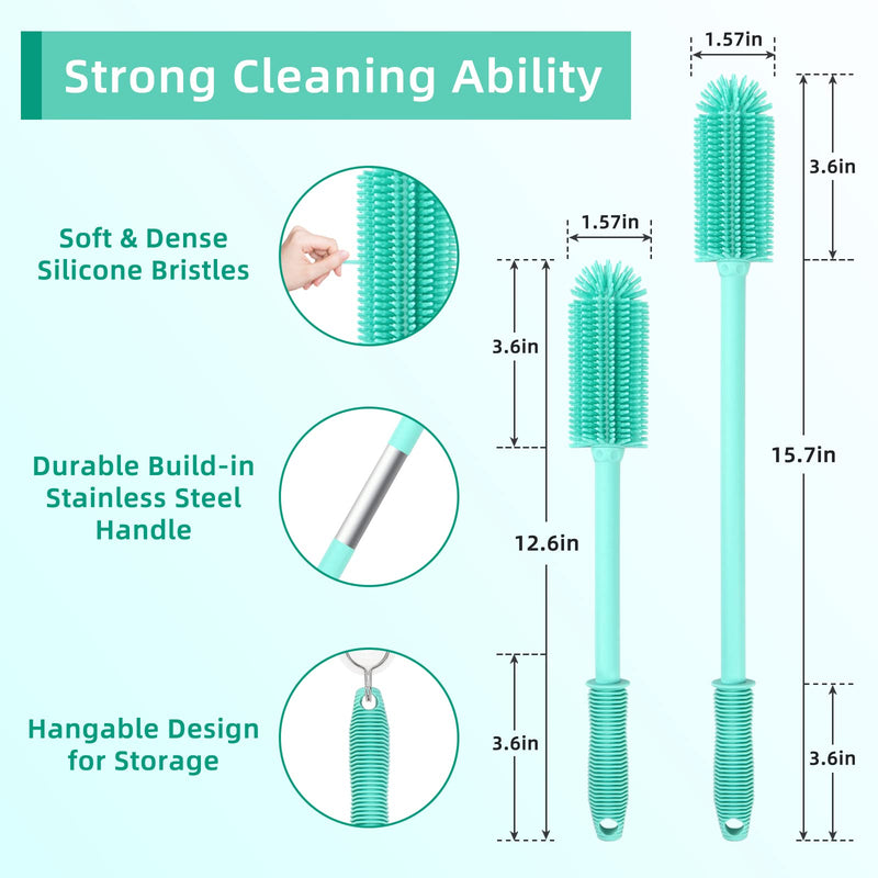 Silicone Bottle Cleaning Brush | 2 pieces | 15.7" + 12.5" Water Bottle Brush Cleaning Brush for Hydro Bottles, Glassware, Vacuum Sports Bottles and Vases, Water Bottle Cleaning Brush for Green - PawsPlanet Australia