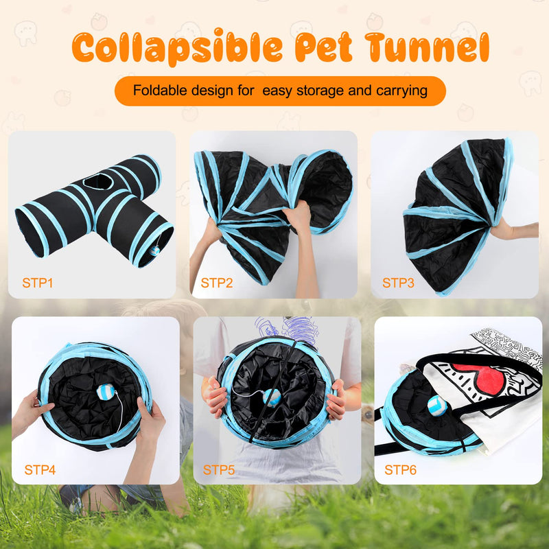 HYLYUN Rabbit Cat Tunnels & Tubes Collapsible, 3 Way Rabbit Tunnels and Hides Toys, Portable Bunny Hideout Small Animal Activity Pet Toys Tunnel for Cat Bunny Guinea Pigs Kitten + Toy Ball Blue black - PawsPlanet Australia