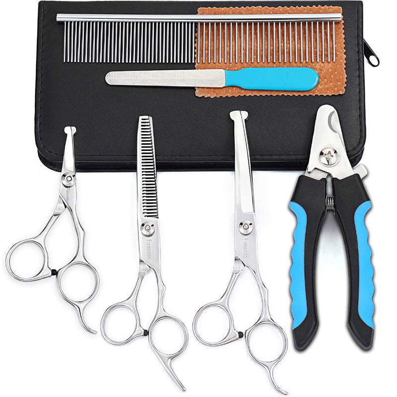 Freewindo Dog Grooming Scissors Kit, Safety Round Tip, Heavy Duty Stainless Steel Dog Scissors and Dog Nail Clippers, 6 in 1 Dog Grooming Kit Scissors for Dogs and Cats - PawsPlanet Australia