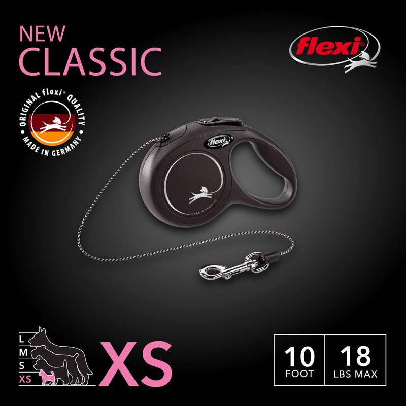 FLEXI New Classic Retractable Dog Leash (Cord) Black Extra Small - 10 ft - PawsPlanet Australia