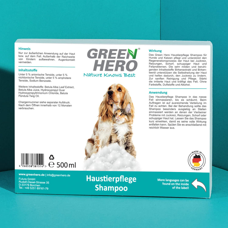 Green Hero Pet Care Shampoo Sensitive for Dogs 500 ml against itching, care shampoo for dry, itchy skin, mild care to support irritation, scabs, dandruff dog shampoo - PawsPlanet Australia