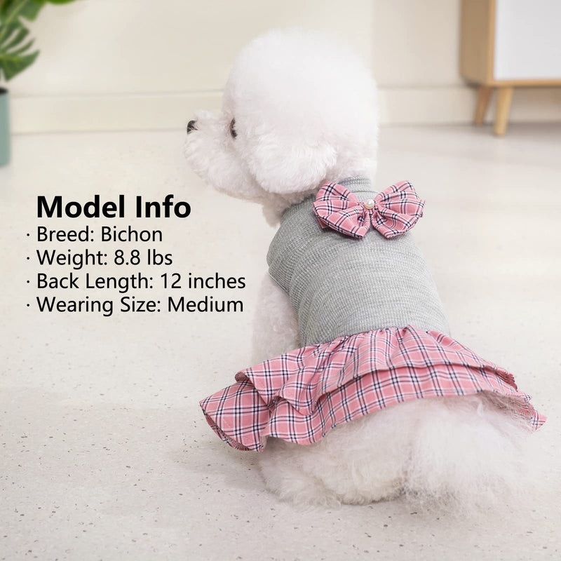 KYEESE Dog Dress Plaid with Bowknot Light Weight Pet Apparel for Small Dogs Cats Puppy Dog Outfits, Grey L Large - PawsPlanet Australia