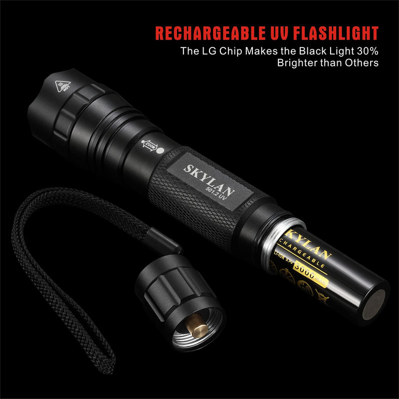 SKYLAN Led UV Mini Flashlight Black Light, 395nm Blacklight Ultraviolet Pocket Flashlights Powered by18650 Rechargeable Battery for Dog Urine, Pet Stains & Bed Bug - PawsPlanet Australia