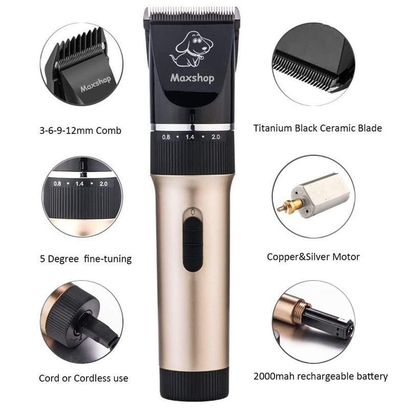 Maxshop Low Noise Rechargeable Cordless Cat and Dog Clippers - Professional Pet Clippers Grooming Kit,Animal Clippers Pet air Trimmers Set Gold - PawsPlanet Australia