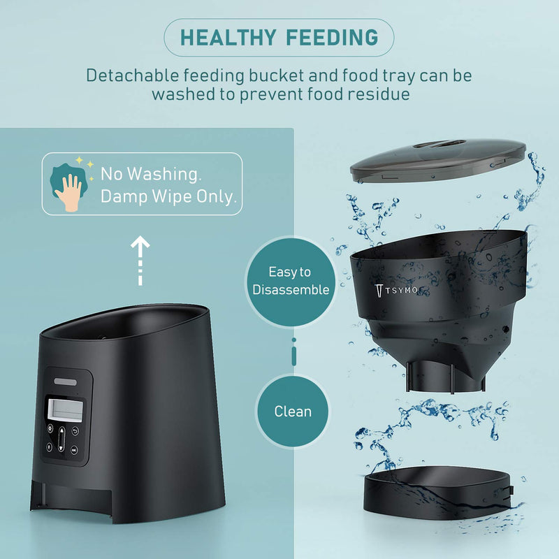 TSYMO Automatic Cat Feeder - 1-6 Meals Auto Dog Food Dispenser with Anti-Clog Design, Timer Programmable, Voice Recording & Portion Control for Small & Medium Pets, 4 Liters - Black - PawsPlanet Australia