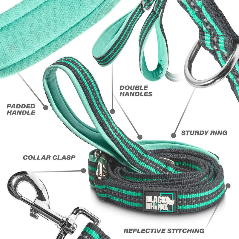 Black Rhino Dog Leash - Heavy Duty - Medium & Large Dogs | 5ft Long Leashes | Two Traffic Padded Comfort Handles for Safety Control Training - Double Handle Reflective Lead 5 Ft Aqua/Gr - PawsPlanet Australia