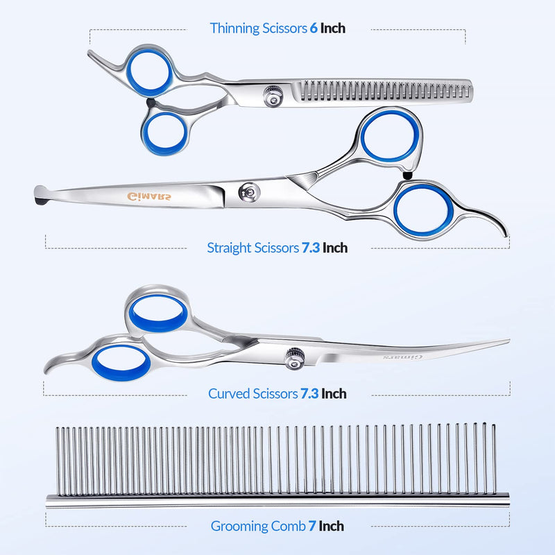 Gimars 5 in 1 Professional 4CR Stainless Steel Safety Round Tip Dog Grooming Scissors Kit, Heavy Duty Titanium Coated Straight & Thinning & Curved Shears & Comb Set for Dog & Cat Grooming - PawsPlanet Australia