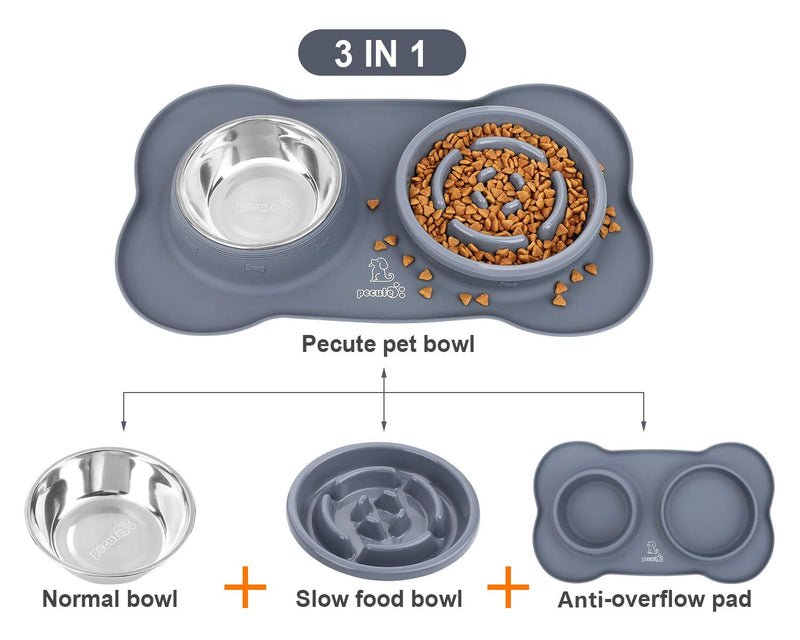 [Australia] - Pecute Dog Bowl Slow Feeder Bloat Stop Pet Bowl Fun Feeder Eco-Friendly Non-Toxic No Choking Healthy Design Bowl with No-Spill Non-Skid Silicone Mat Stainless Steel Water Bowl for Dogs Cats and Pets Grey Bowl 