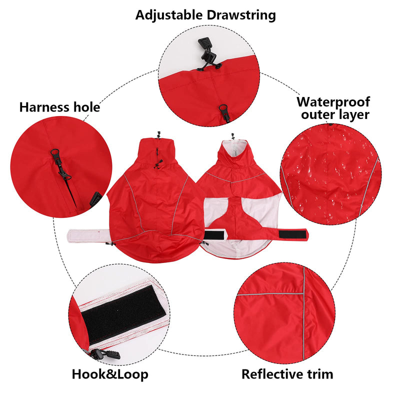 Greyhound Lurcher Raincoat, Whippet Rain Gear with Reflective Bar, Rain/Waterproof, Adjustable Bands and drawstring in Autumn and winter - Red - XS - PawsPlanet Australia