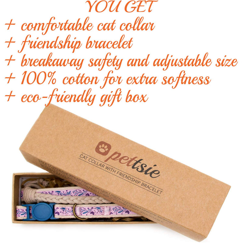[Australia] - Pettsie Cat Collar Breakaway & Matching Friendship Bracelet, Eco-Friendly Gift Box, D-Ring for Accessories, 100% Cotton for Extra Safety & Comfort, Adjustable 7.5-11.5 Inch Purple 