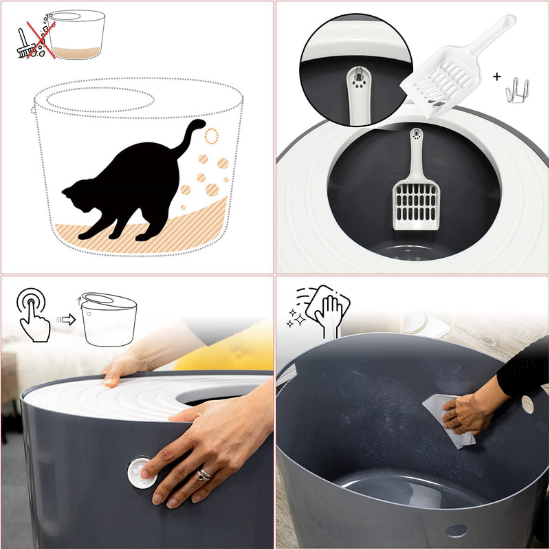Iris Ohyama, Cat litter tray with grooved lid, no odor & litter spill, large entrance L26.7 x W22.9 cm, scoop included, for cat - Cat Litter Box Jump-in PUNT-530 - Grey Grooved cover - PawsPlanet Australia