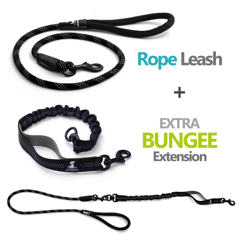 Heavy Duty Rope Bungee Lead for Large and Medium Dogs with Anti-pull for Shock Absorption - No Slip Reflective Leash for Outside (Black, For 1 Dog) Black - PawsPlanet Australia