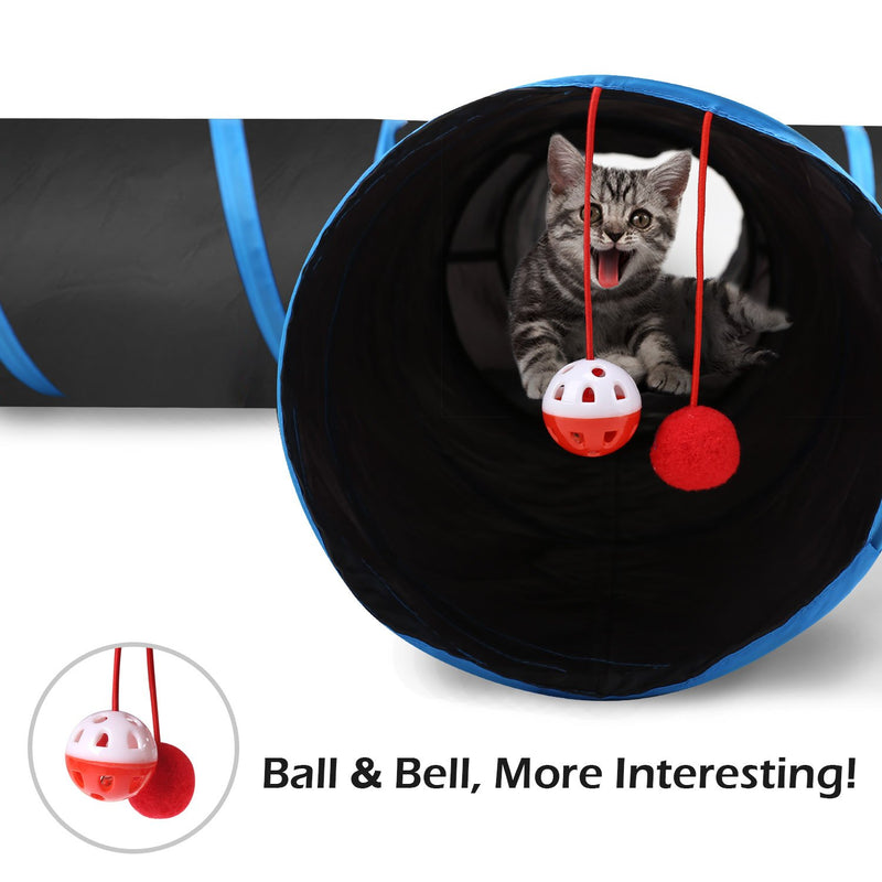 Pawaboo Cat Toys, Cat Tunnel Tube 4 Way Tunnels Extensible Collapsible Cat Play Tent Interactive Toy Maze Cat House with Balls and Bells for Cat Kitten Kitty Rabbit Small Animal 15.7 Inch (Pack of 1) Black & Light Blue - PawsPlanet Australia