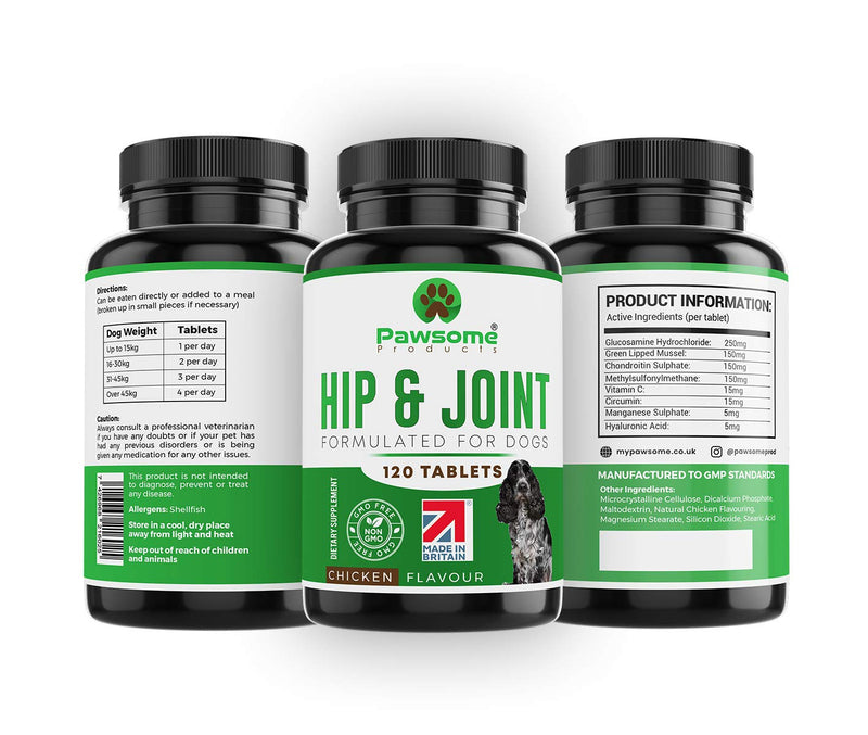 Pawsome Products Hip and Joint Supplement for Dogs with Glucosamine, Chondroitin, Green Lipped Mussel, MSM, Curcumin, Hyaluronic Acid, Manganese & Vitamin C - 120 Chicken Flavoured Chewable Tablets - PawsPlanet Australia