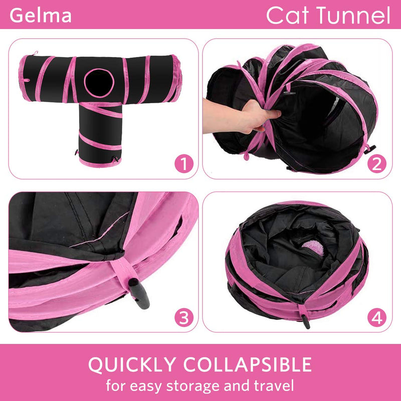 Gelma Cat Tunnel, Cat Tunnels for Indoor Cats, Tube Cat Toys 3 Way Collapsible, Kitty Tunnel Bored Cat Pet Toys Peek Hole Toy Ball Cat, Puppy Black & Pink - T Style Tunnel - PawsPlanet Australia