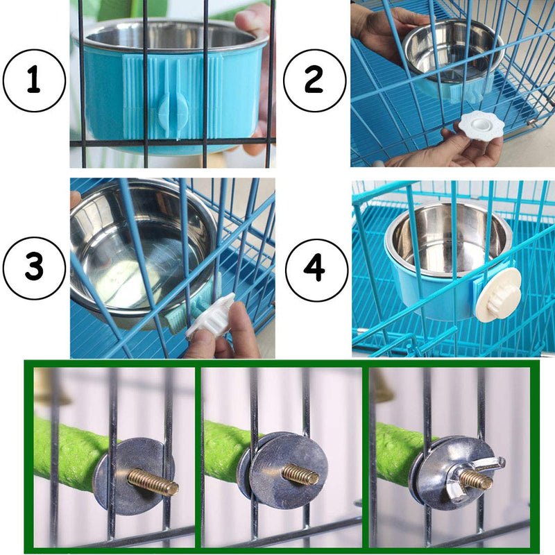 [Australia] - PINVNBY Bird Feeding Dish Cups Parrot Removable Stainless Steel Bowl Perch Stand Platform Pet Food Water Feeder Cage Accessories with Clamp Holder for Parakeet Cockatiel Conure 4PCS 