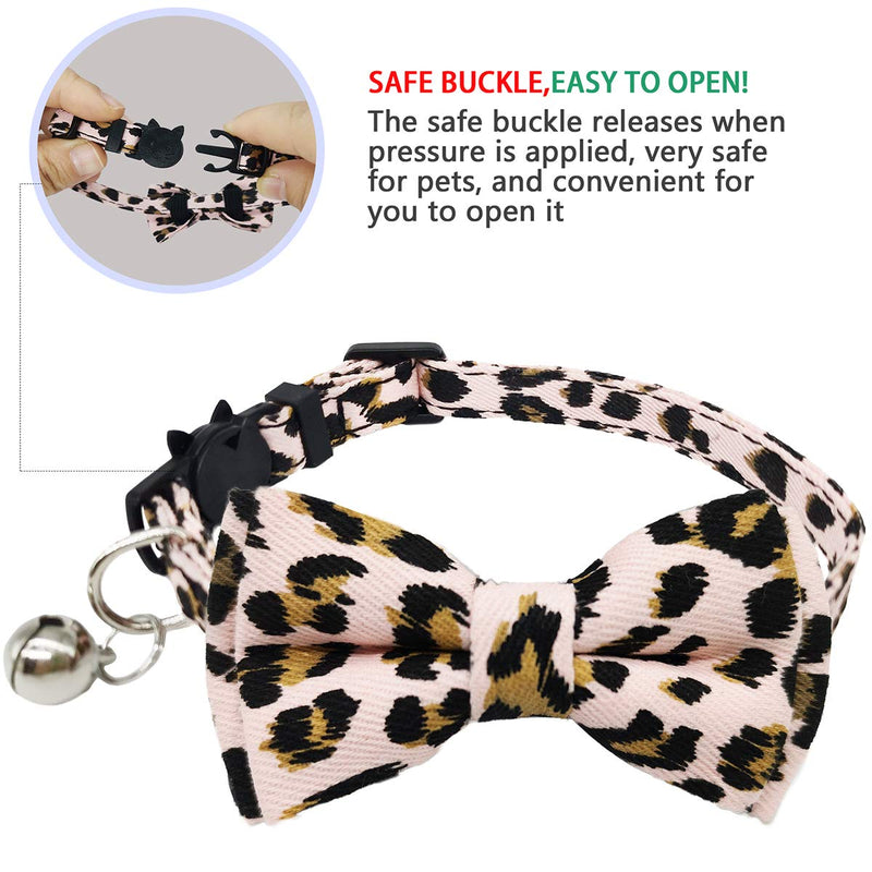 [Australia] - KUDES 2 Pack/Set Cat Collar Breakaway with Cute Bow Tie and Bell for Kitty and Other Small Dogs Pets, Adjustable from 7.8-10.5 Inch Pink Leopard+Brown Leopard 