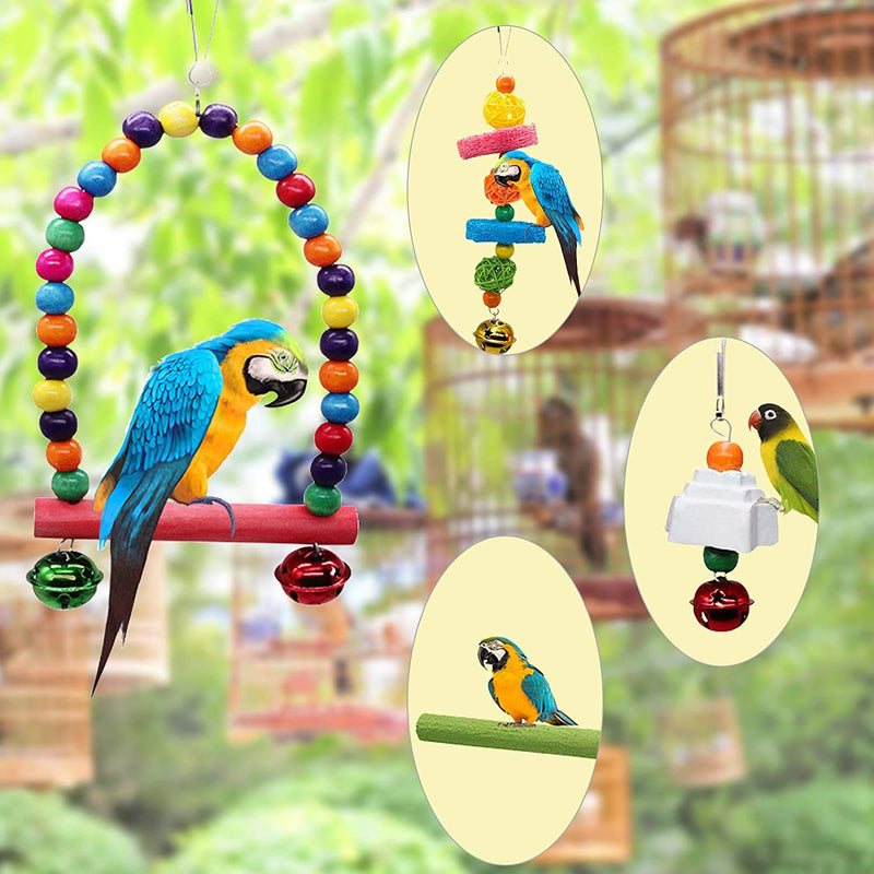 MQUPIN Bird Parrot Swing Toy 14 Pack Upgraded,Swing Chewing Hanging Toys Set Swing Climbing Ladders Sepak Takraw Bell Frosting Stick,for Little Parrots,Love Birds,Cockatiels,Finches(14 Pack) - PawsPlanet Australia