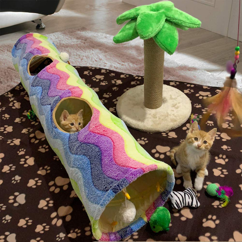 [Australia] - LUCKITTY Large Cat Toy Collapsible Tunnel Tube with Plush Balls, for Small Pets Bunny Rabbits, Kittens, Ferrets,Puppy and Dogs Rainbow 