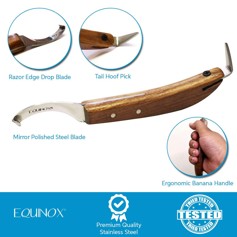 EQUINOX Farrier Hoof Knife Drop Blade Razor Edge with Hoof Pick Tail Ergonomic Banana Handle - PawsPlanet Australia