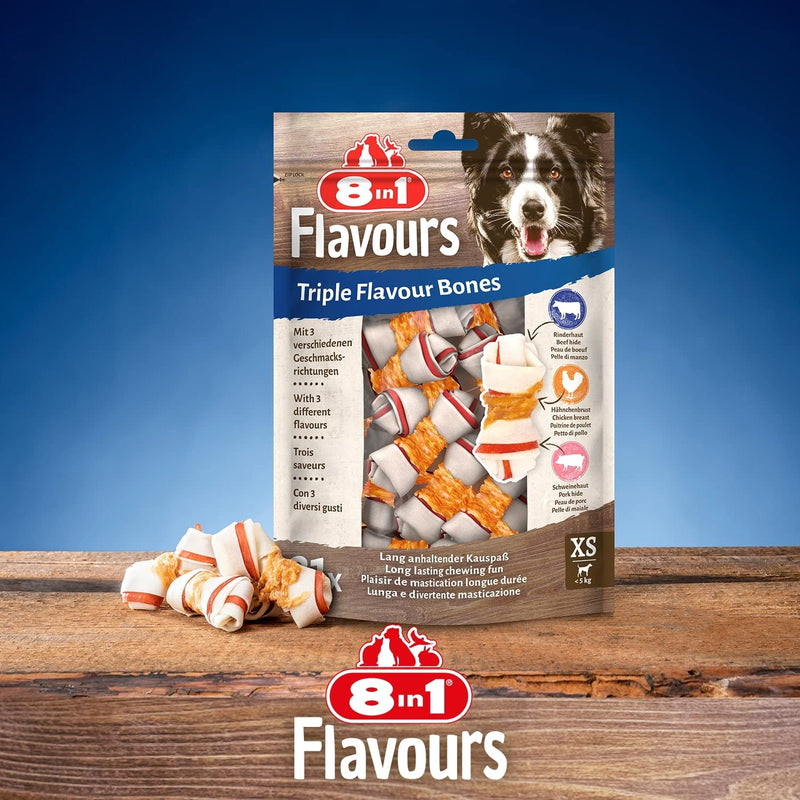 8in1 Triple Flavor Bones XS - delicious dog bones with chicken fillet, pork and beef skin, 21 pieces XS (21 pieces) - PawsPlanet Australia