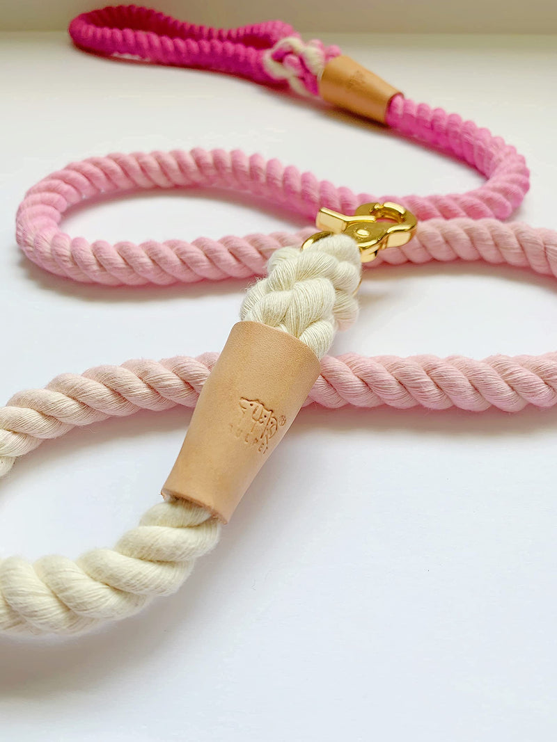 BULPET Eco Friendly Natural Cotton Handmade Dog Ombre Pink Rope Leash with Genuine Leather and Gold Brass Hardware/ 5 Ft/ All Dogs - PawsPlanet Australia