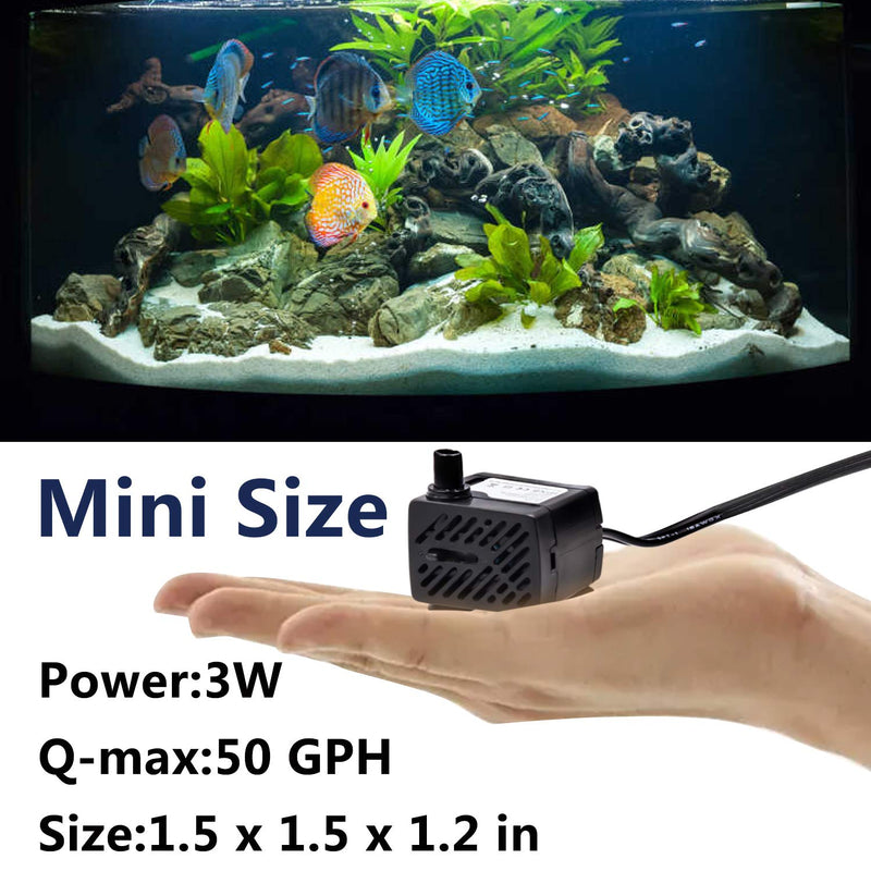 ILEBYGO 50 GPH 3W Mini Submersible Water Pump for Aquariums, Fish Tank,Wave Maker Pump, Pond, Fountain, Hydroponics - PawsPlanet Australia