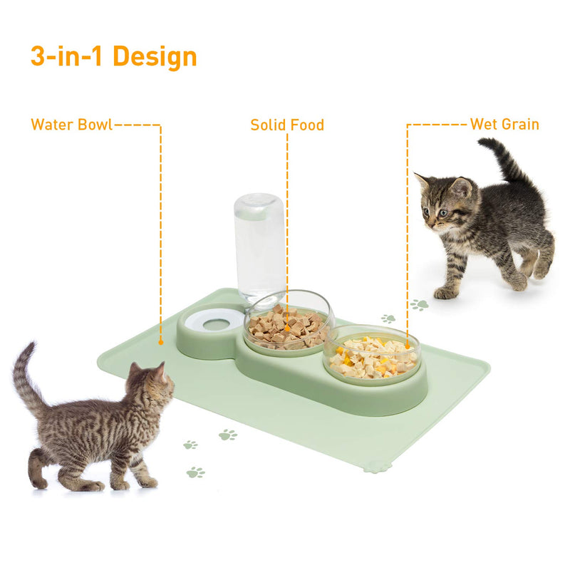 YEACHA Raised Cat Bowls, Tilt Cat Dog Food Water Elevated Bowls Set with Automatic Water Bottle, with Silicon Waterproof Mat, for Cats Small Dogs, Light Green - PawsPlanet Australia
