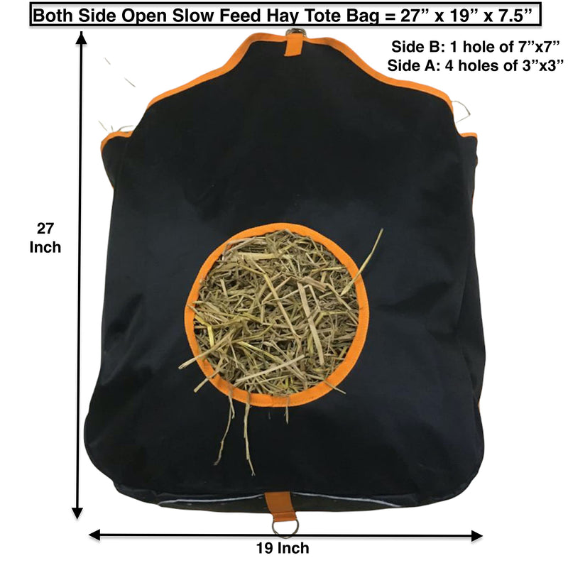 Majestic Ally Nylon Hay Feeder Tote Bag for Horse, Goat, Sheep - Double Sides Open Feed Hole with Faux Leather Ventilated Bottom- Premium Quality -Simulates Grazing - Reduces Waste BLACK - PawsPlanet Australia