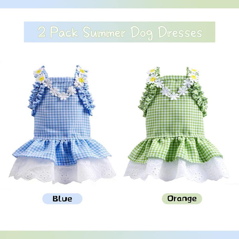 DOGGYZSTYLE 2 Pack Summer Dog Dresses Girl Puppy Cat Plaid Princess Dress Party Birthday Pet Vest Clothes for Small Medium Dogs X-Small Blue+Green - PawsPlanet Australia