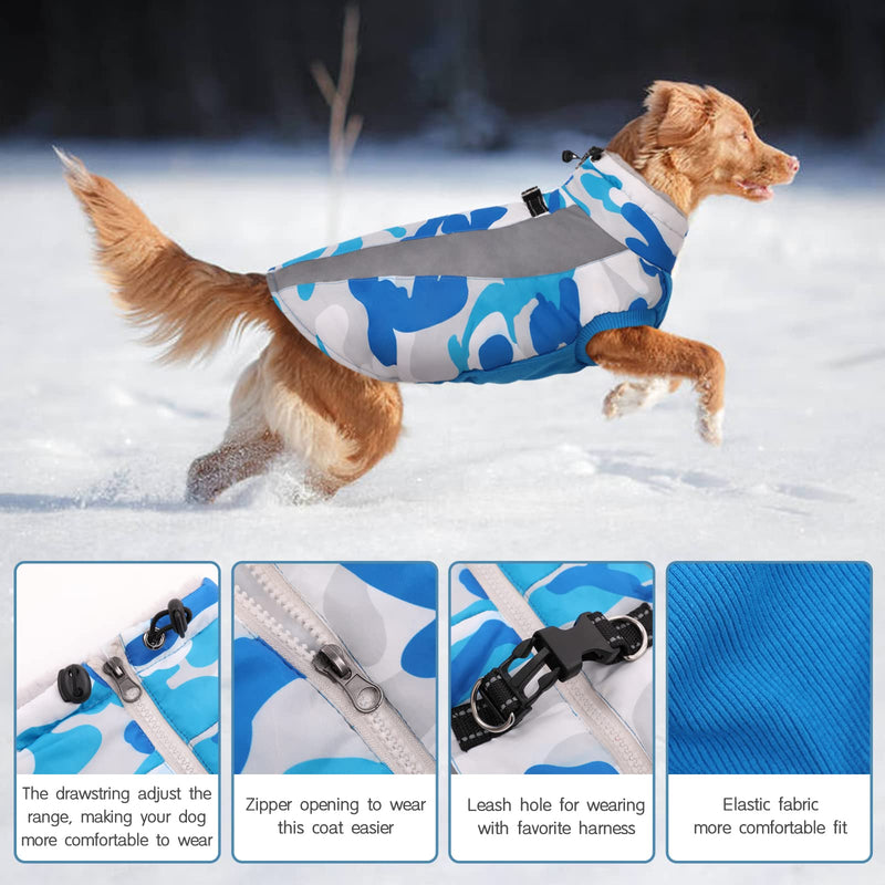 Dog Winter Coat, FUAMEY Soft Fleece Lined Warm Dog Jacket Winter Waterproof Windproof Camouflage Dog Fleece Vest for Cold Weather, Reflective Cozy Dog Coat Dog Apparel for Small Medium Large Dogs X-Small blue - PawsPlanet Australia