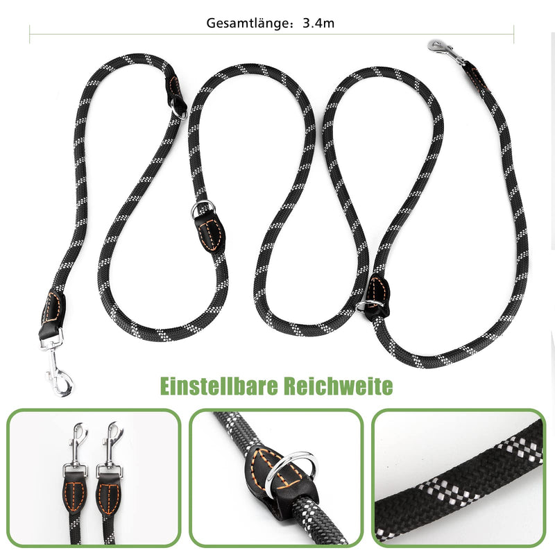 Dog leash for large and medium dogs - Adjustable double nylon leash with 2 snap hooks and 3 rings - 3m x 15mm - Black - PawsPlanet Australia