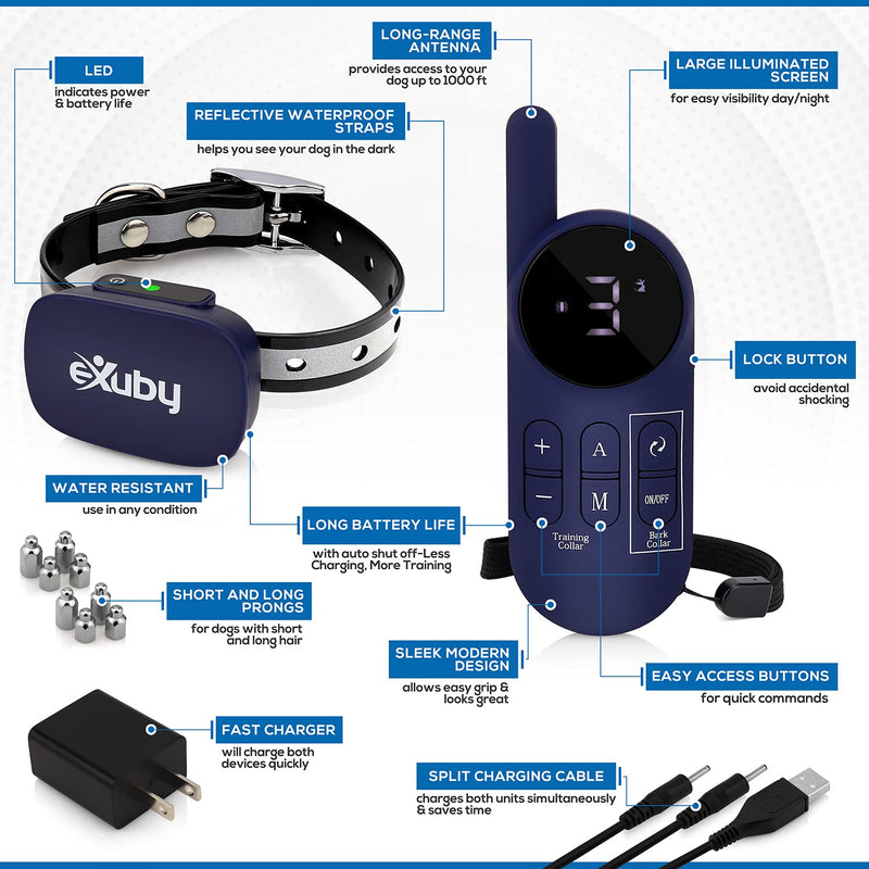 eXuby 2in1 Dog Shock Collar Plus Automatic Bark Collar - Stop Dog's Barking Automatically & Manually w/Remote - 900 Yard Range - 3 Humane Training Modes Beep, Vibrate, & Shock - 9 Levels Dark Blue - PawsPlanet Australia